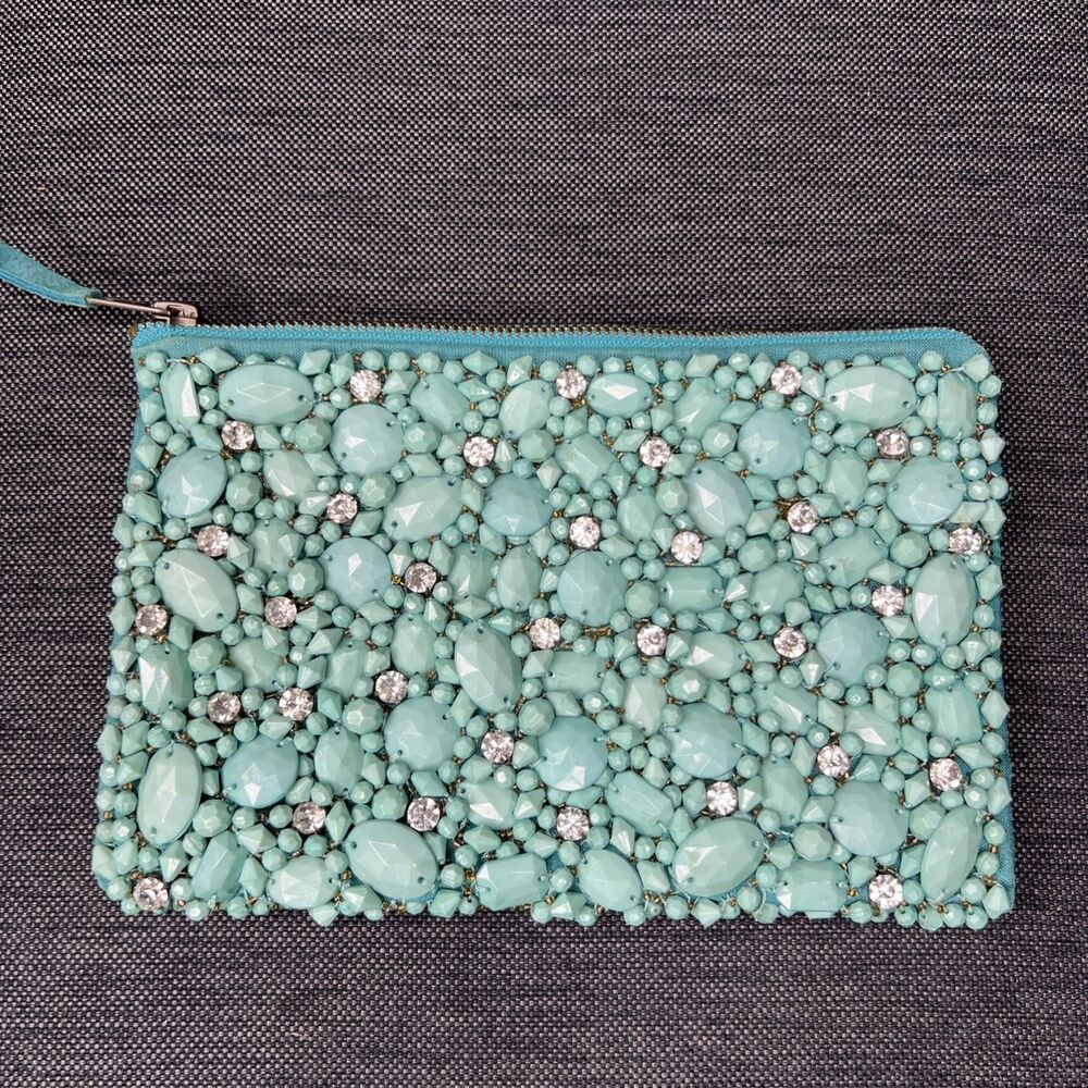 India Boutique Turquoise Beaded Clutch Zipper Pouch 9" Glam Prom Gala Wedding